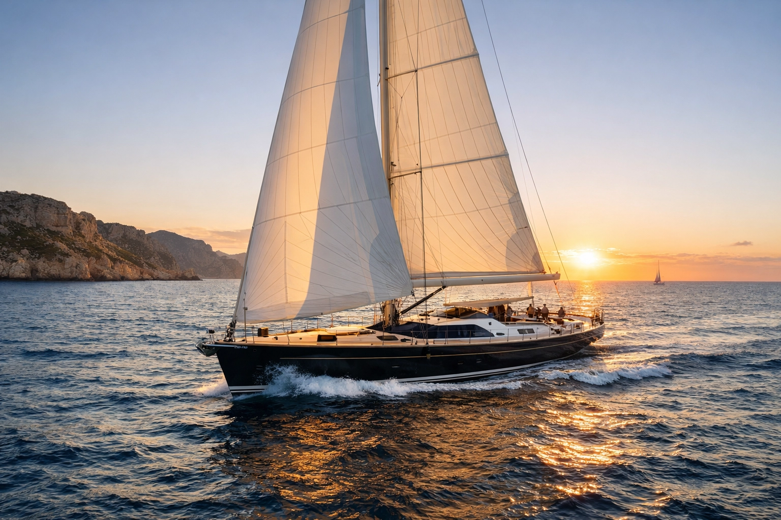 Sailing yacht at sunset on open water for premium marine travel