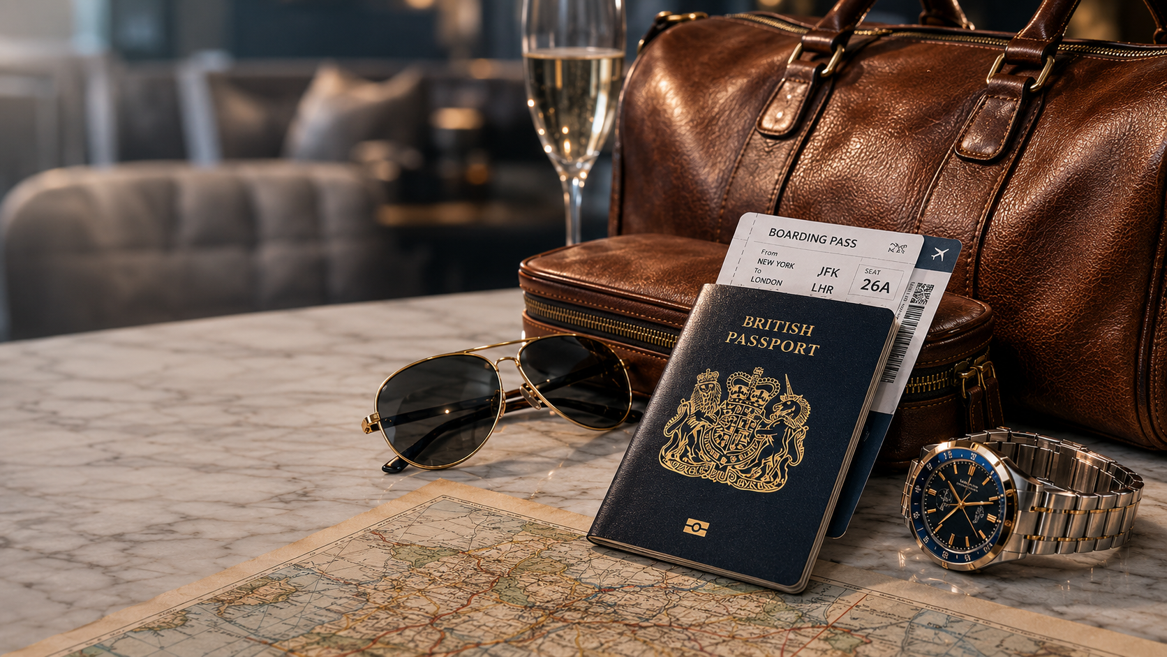 Premium travel planning scene with luggage and journey essentials