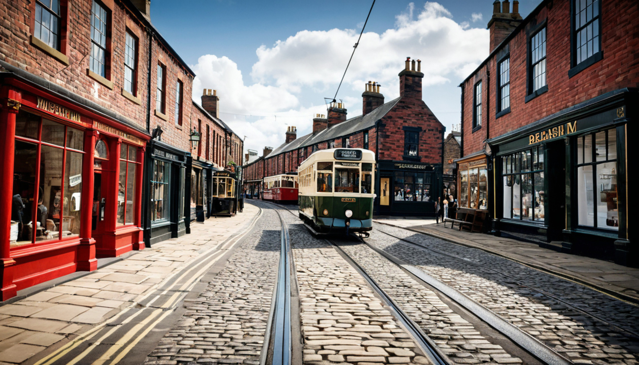 Historic tram street scene at an open-air museum in northern England