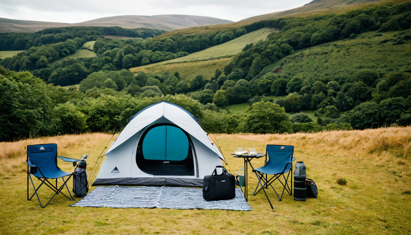 Compact camping setup in open countryside with tent and chairs