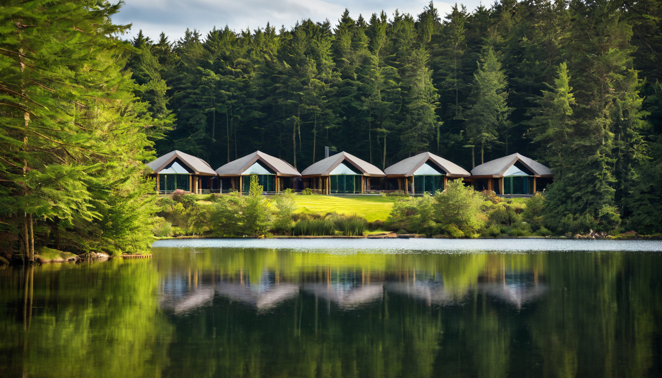Woodland lodges by a calm lake in a Center Parcs-style UK forest resort