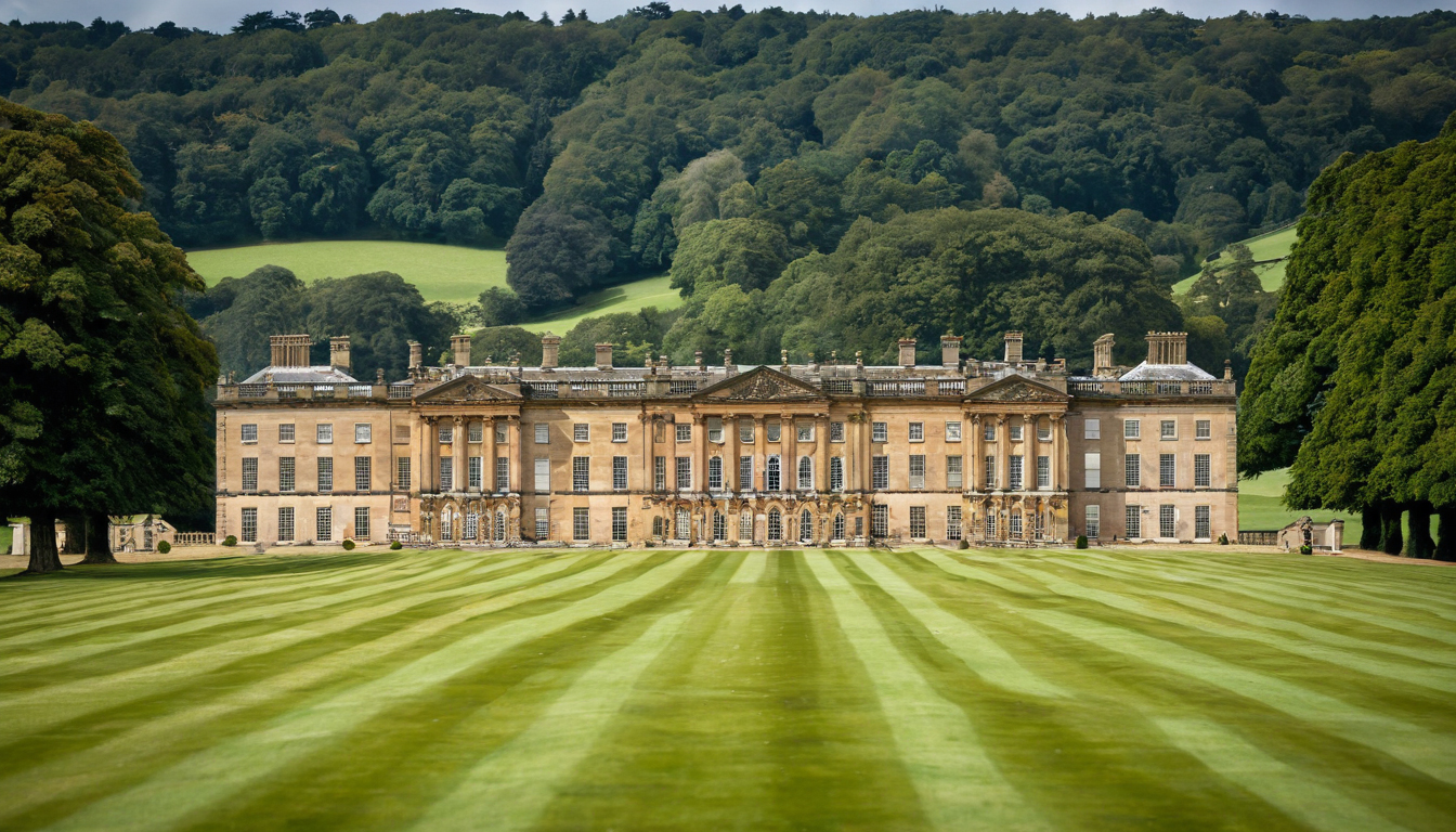 Chatsworth House in Derbyshire, England, with formal lawns and wooded hills behind
