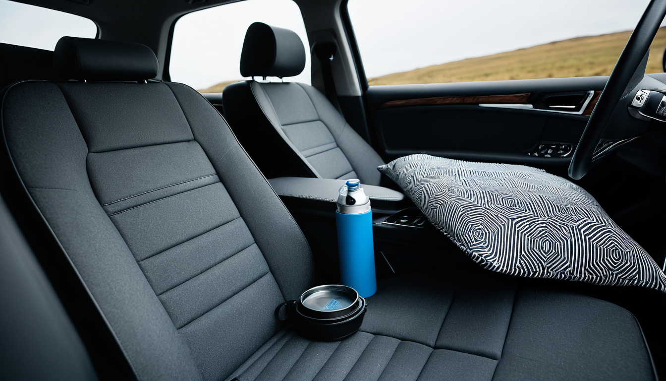 Calm in-car comfort setup with pillow, bottle, and travel accessories