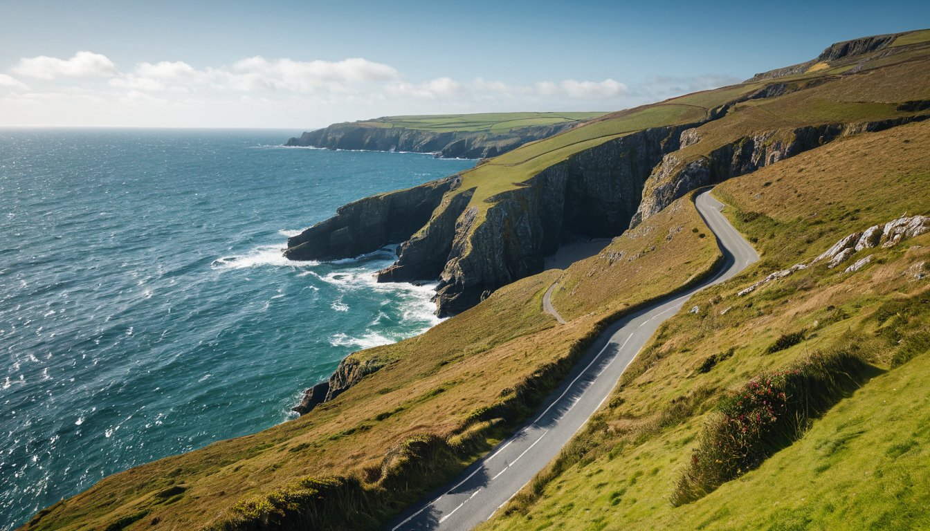 Coastal road above sea cliffs on the Cornwall coast in England