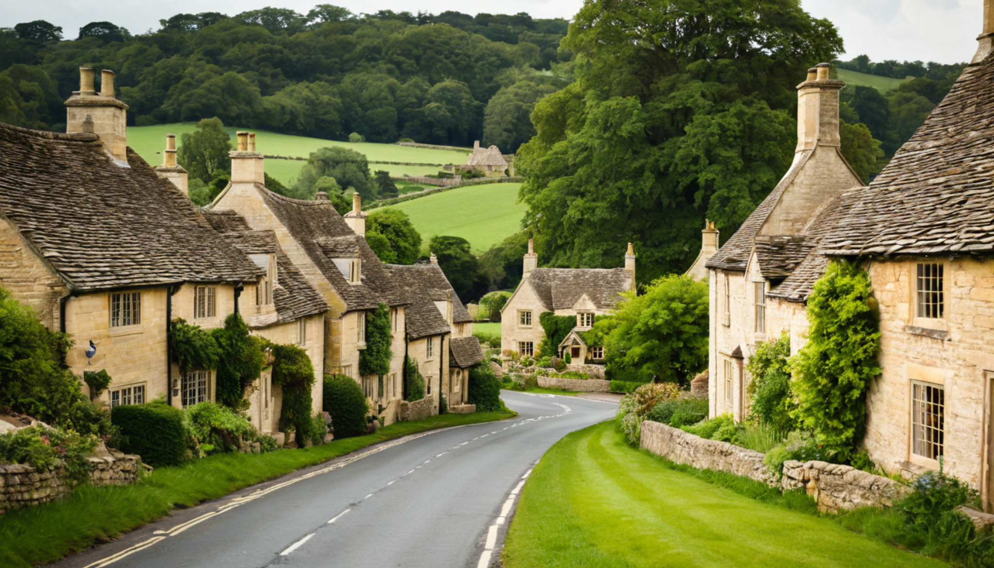 Honey-coloured Cotswolds village road with stone cottages and green hills