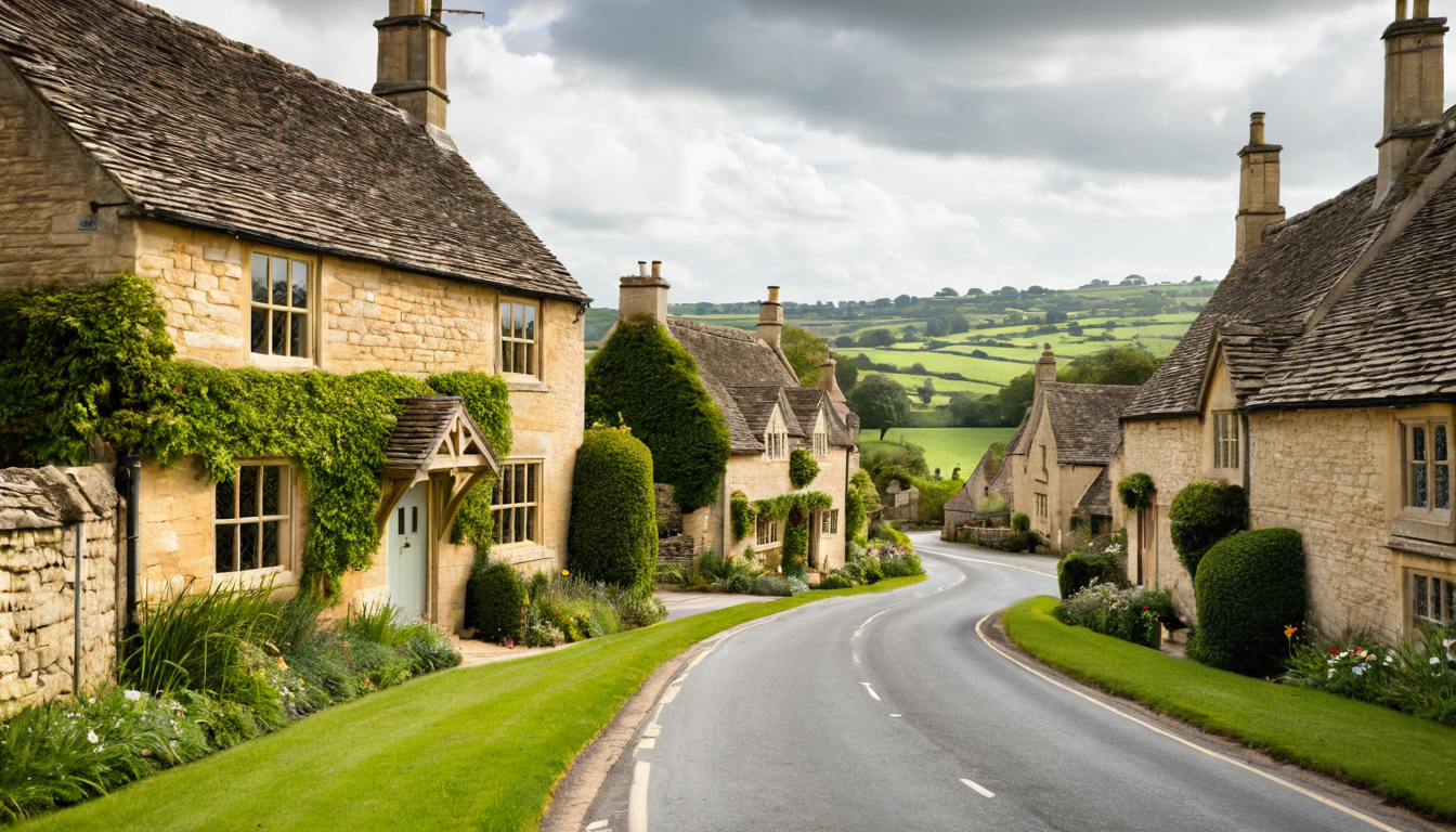 Cotswolds countryside lane with soft hills and honey-stone village atmosphere