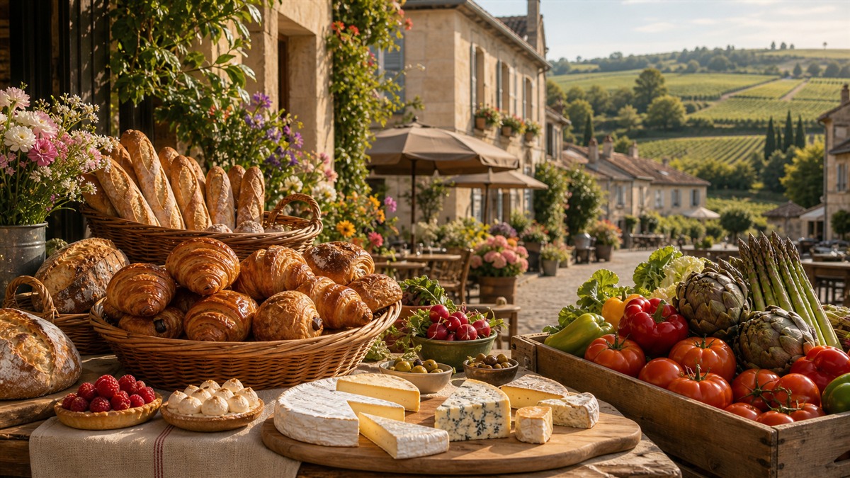 French bakery, market produce and vineyard village image for food and wine trip planning