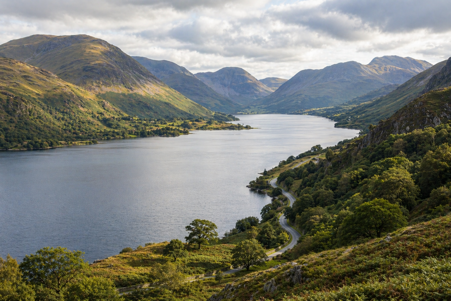 Wide British lakeshore and fell scenery suited to a scenic long day that may deserve an overnight stay