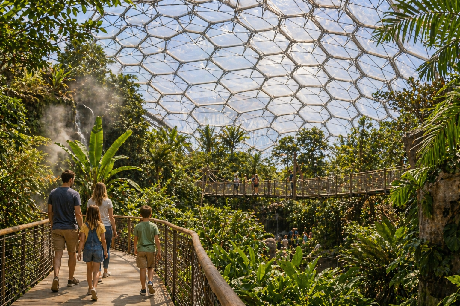 Indoor botanical biome walkway for an all-weather family day out in Britain