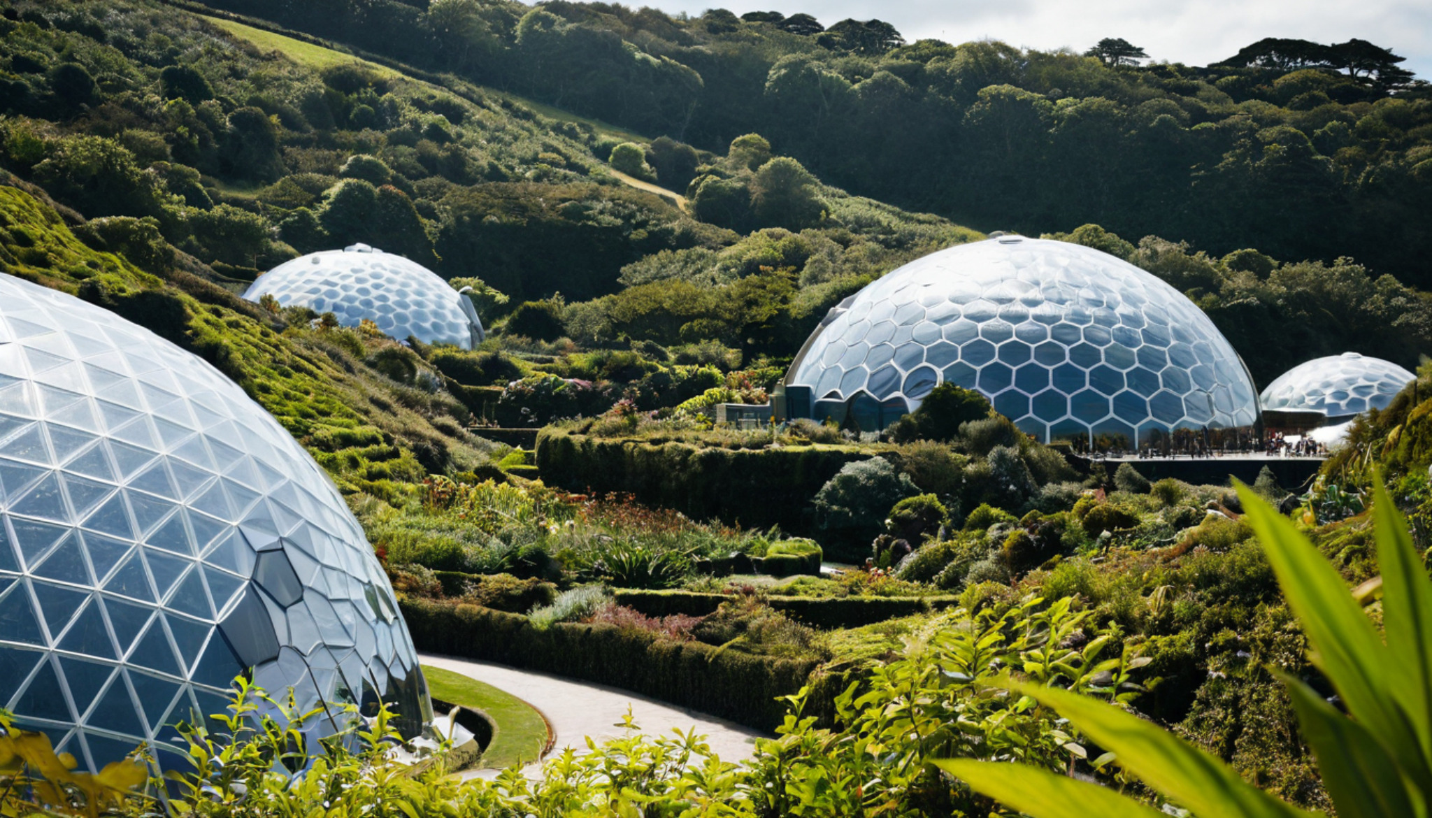 The Eden Project biomes in Cornwall, England, surrounded by landscaped greenery
