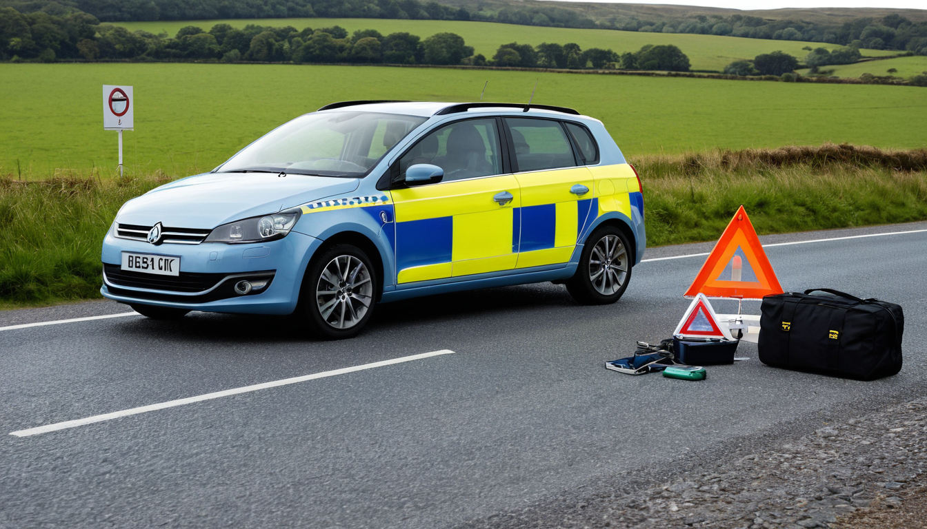 Roadside emergency setup with safety triangle and travel kit in UK countryside