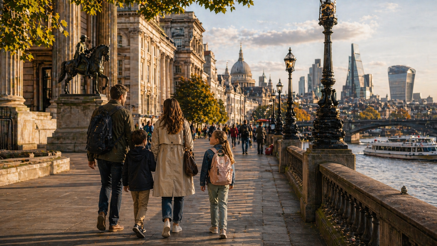 Walkable British riverside city scene suited to a family-friendly city-break plan