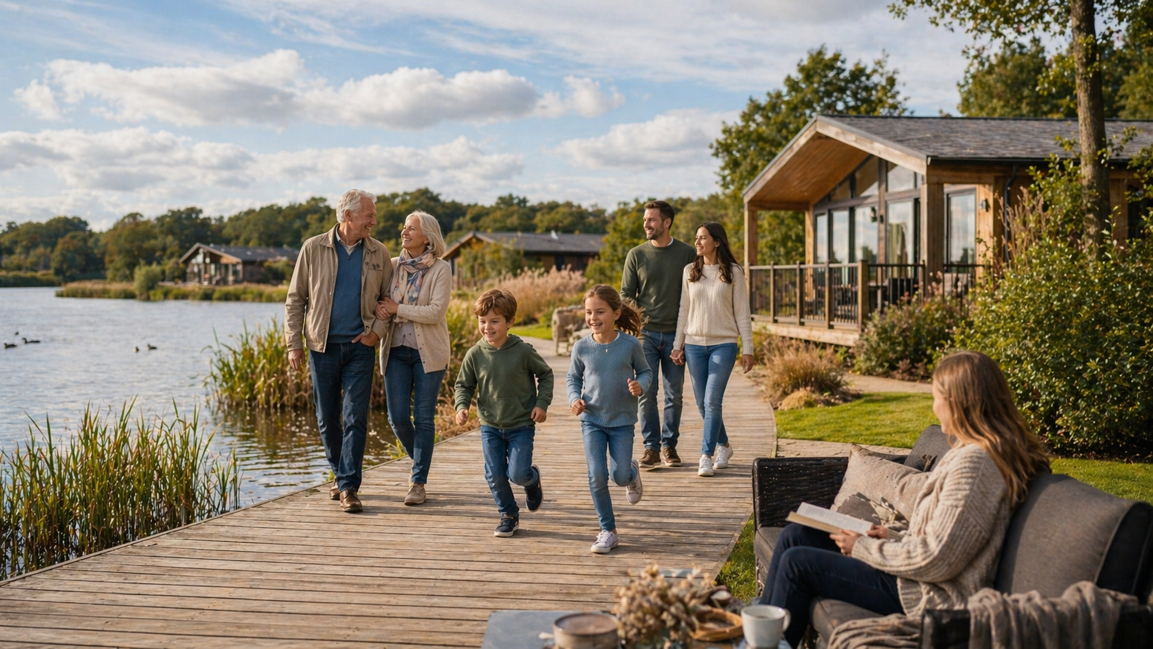 Calm waterside family-lodge setting suited to a lower-stress mixed-age break