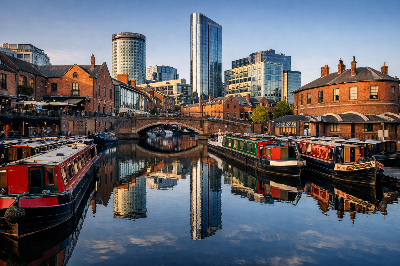 Birmingham skyline and canals with modern and historic architecture at dusk