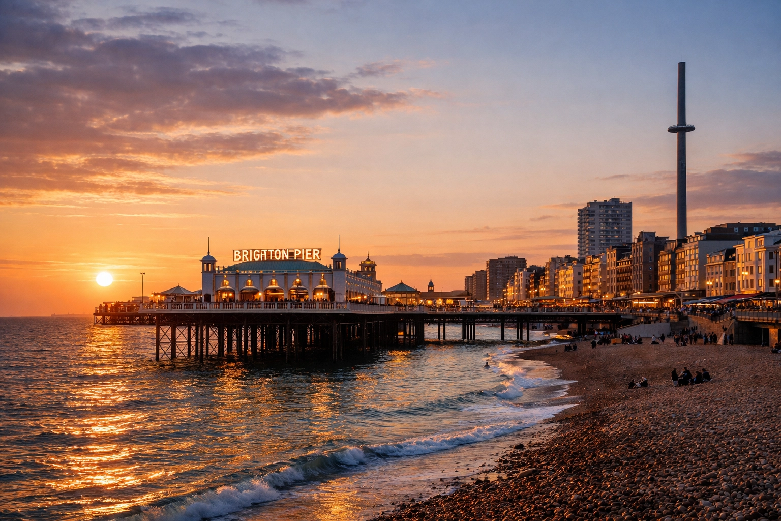 Brighton Pier glowing at sunset along the seafront