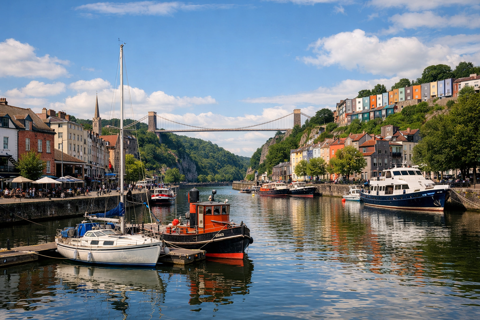 Bristol harbourside at sunset with Clifton Suspension Bridge in the distance