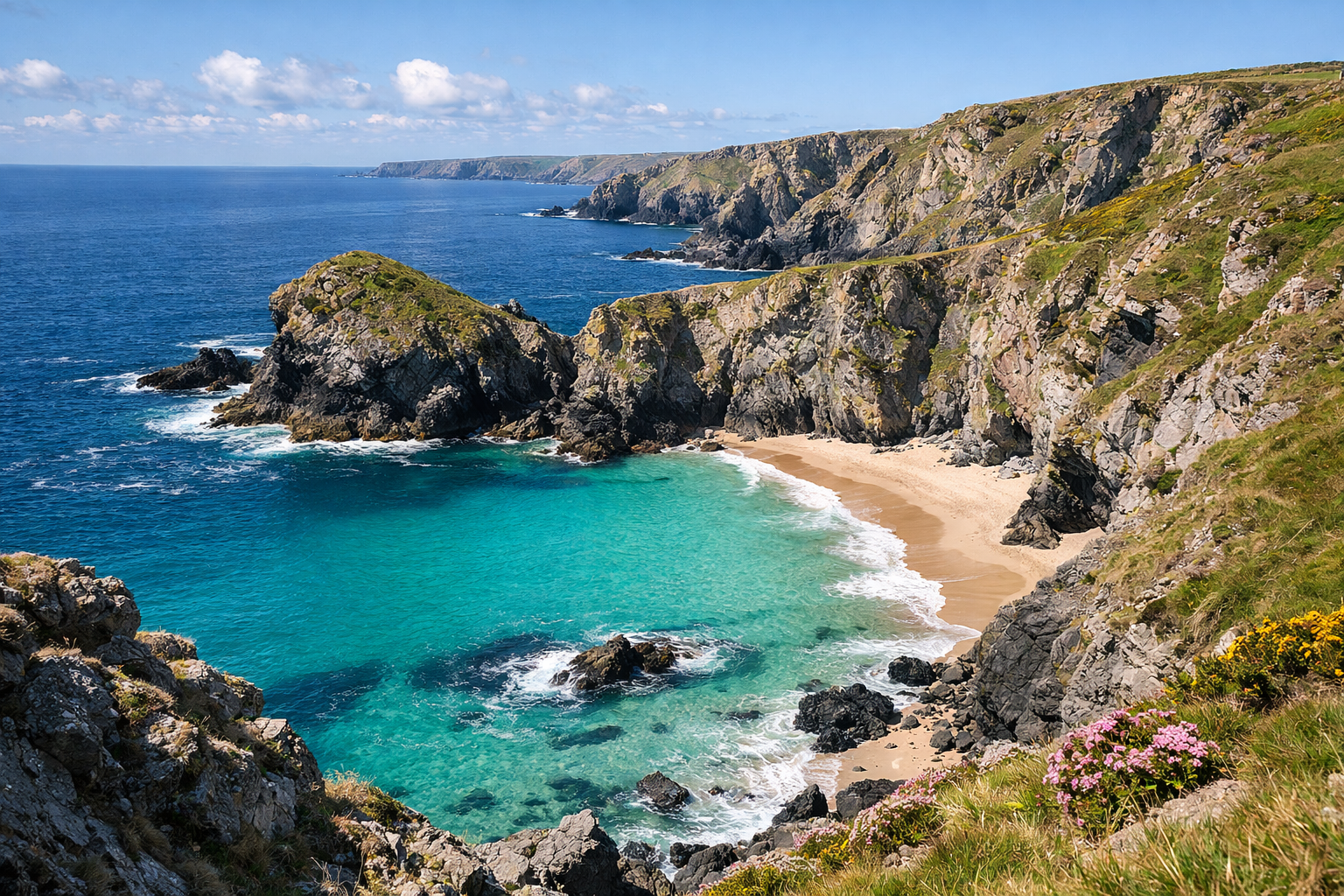 Cornish coast at golden hour with harbour mood and dramatic sea-edge scenery