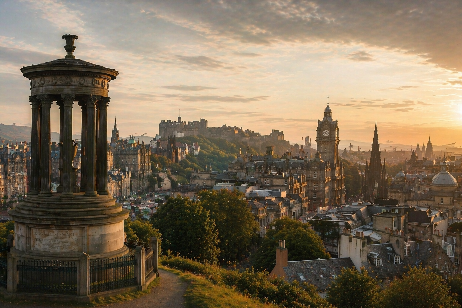 Edinburgh skyline from Calton Hill at sunset with Dugald Stewart Monument and the castle beyond