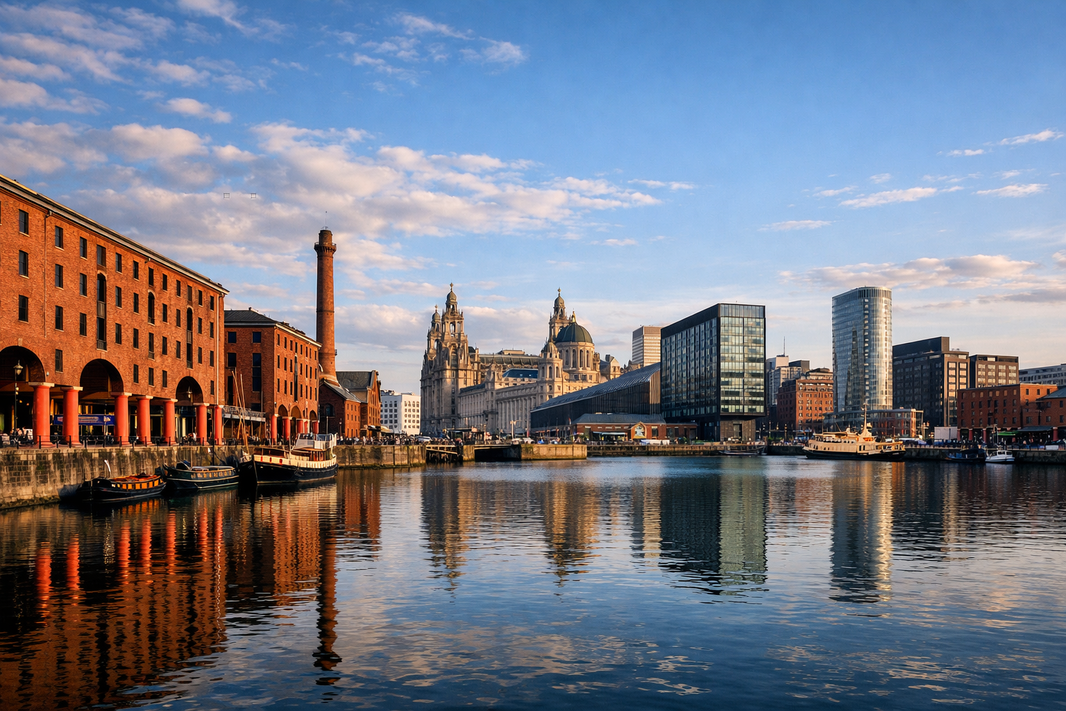 Liverpool waterfront skyline with civic buildings and dockside atmosphere