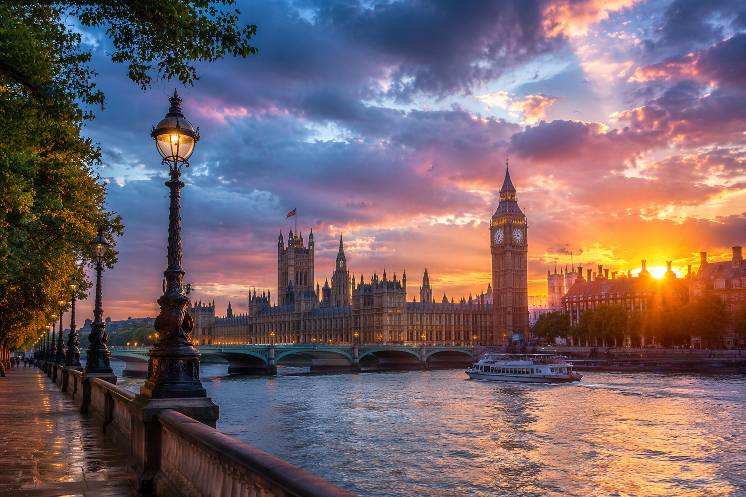 The Houses of Parliament and Big Ben at sunset along the Thames