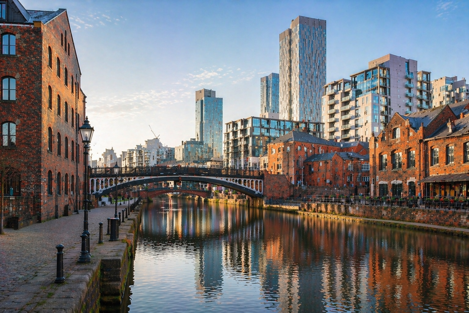 Manchester canals and modern skyline at sunset