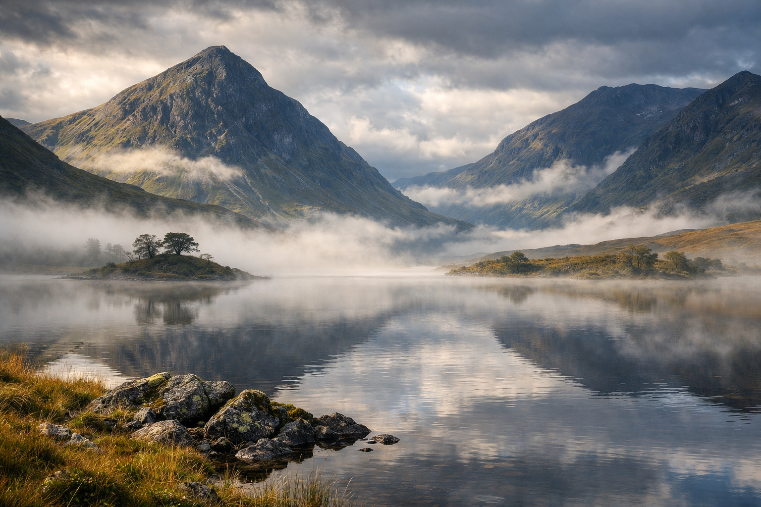 Dramatic Scottish Highlands landscape with mountains and loch