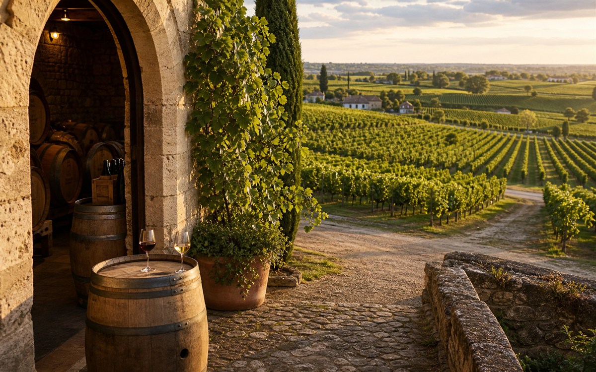 Bordeaux vineyard and cellar image for wine tour planning