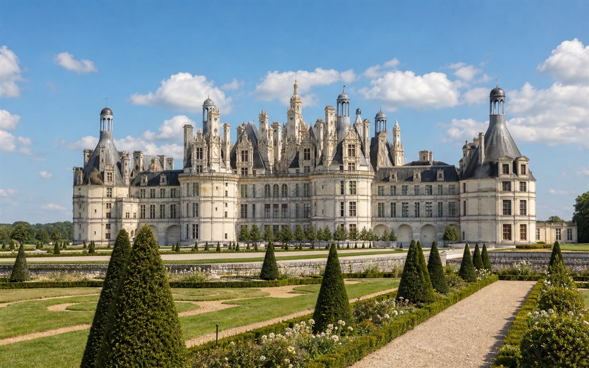 Chambord-style chateau and gardens image for castle tour planning
