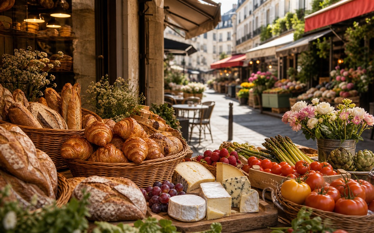 French market and bakery street image for food tour planning