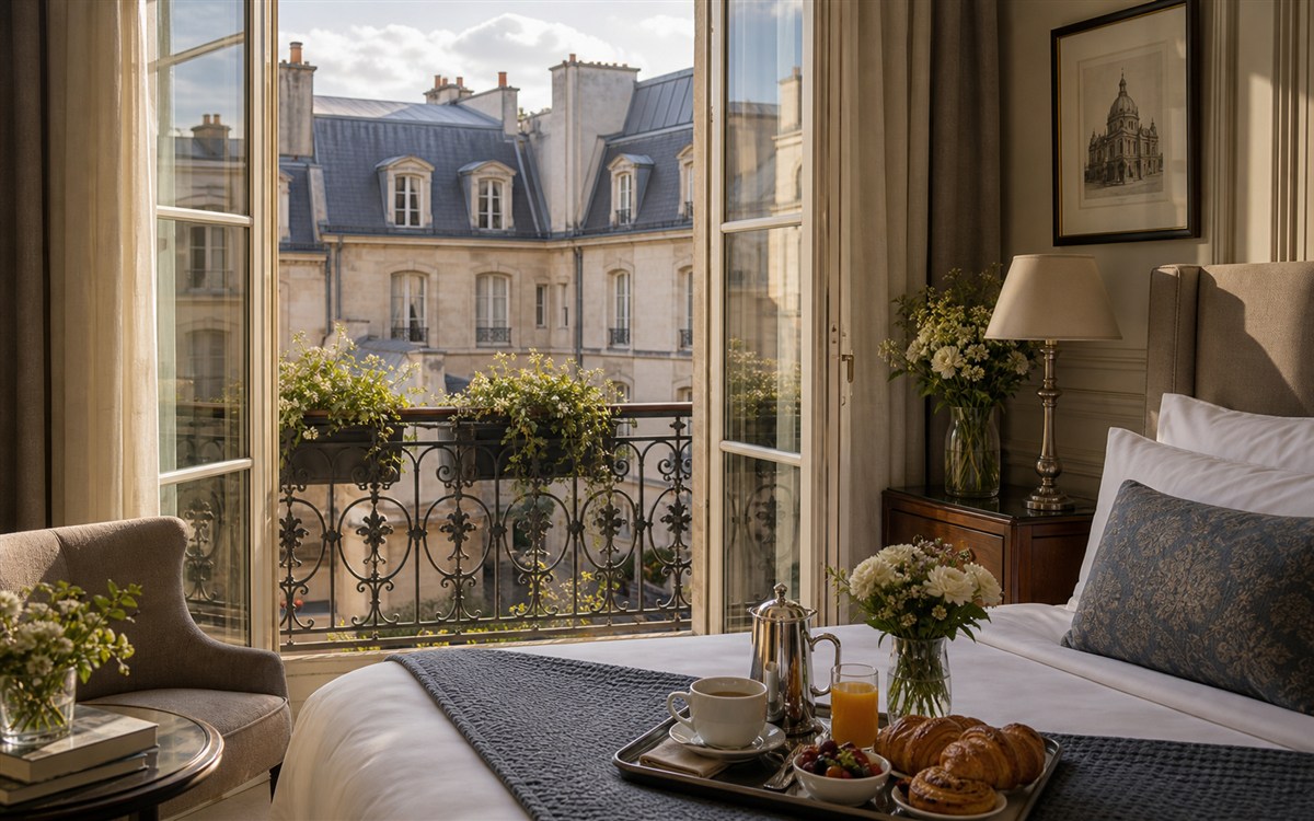 French hotel room and old town balcony image for France route planning