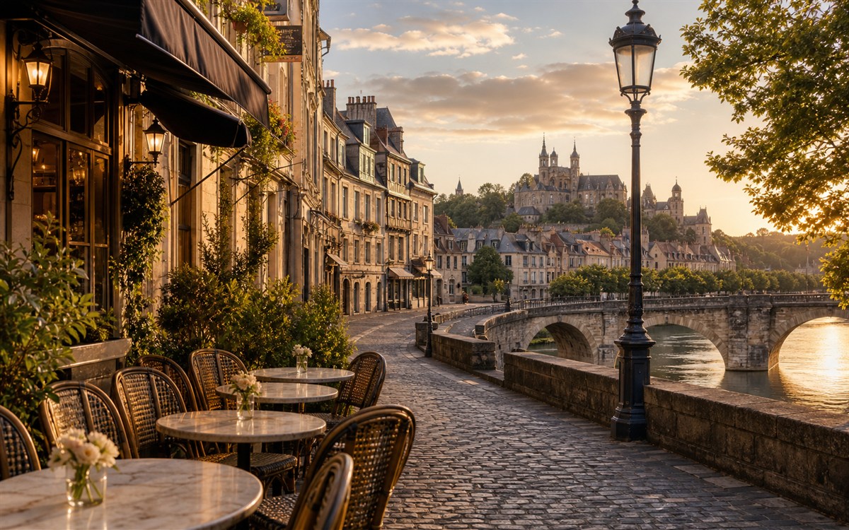 French old town and river route image for France city and culture tour planning