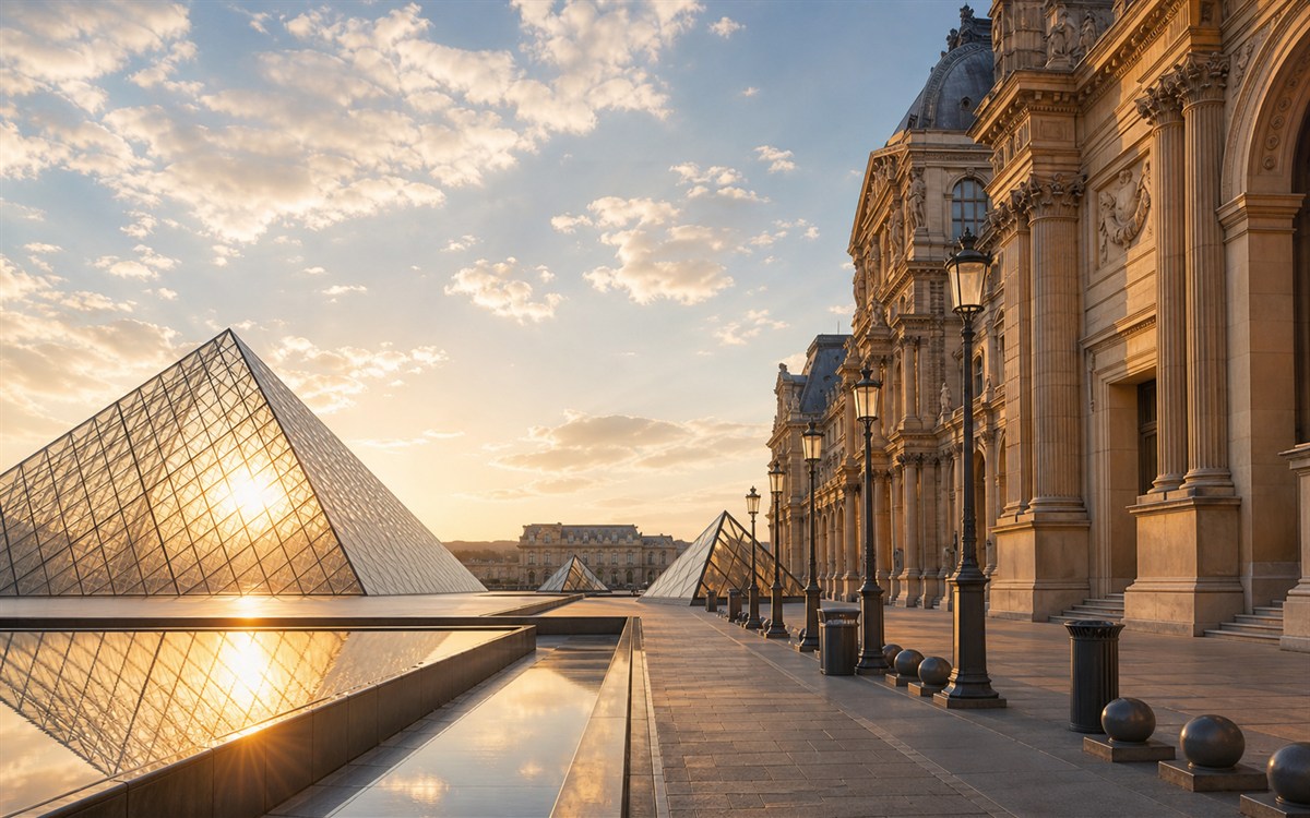 Louvre-style museum courtyard image for Paris museum ticket planning