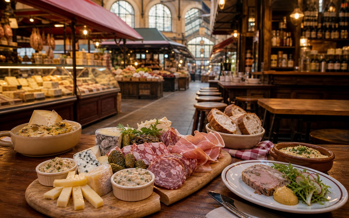Lyon bouchon table and market image for food tour planning