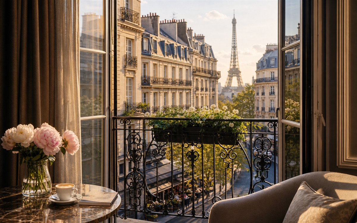 Paris balcony and neighbourhood street image for hotel stay planning