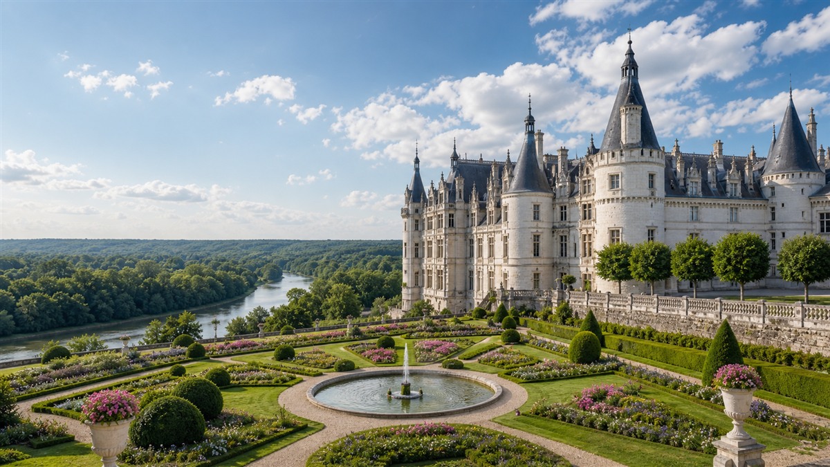 Loire Valley chateau, gardens and river landscape for France route planning