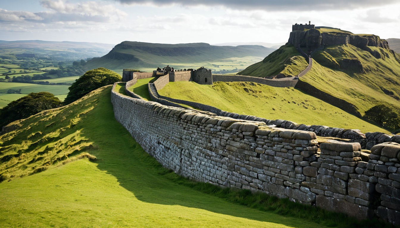 Hadrian's Wall in northern England running through green hills under soft daylight