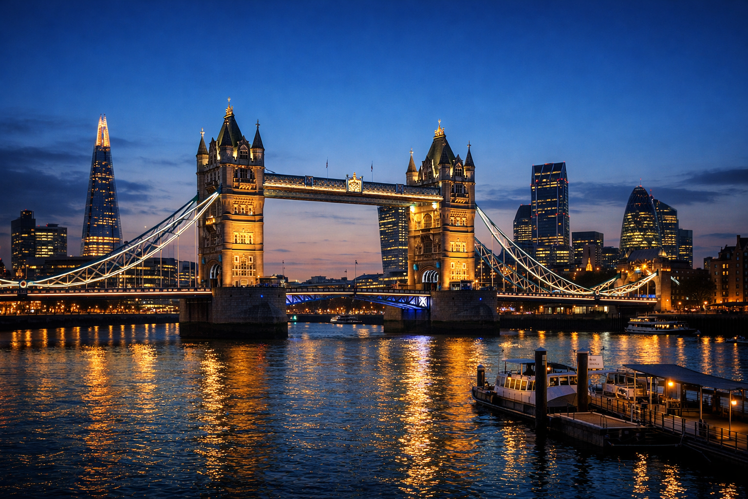 British city skyline at dusk with calm waterfront reflections