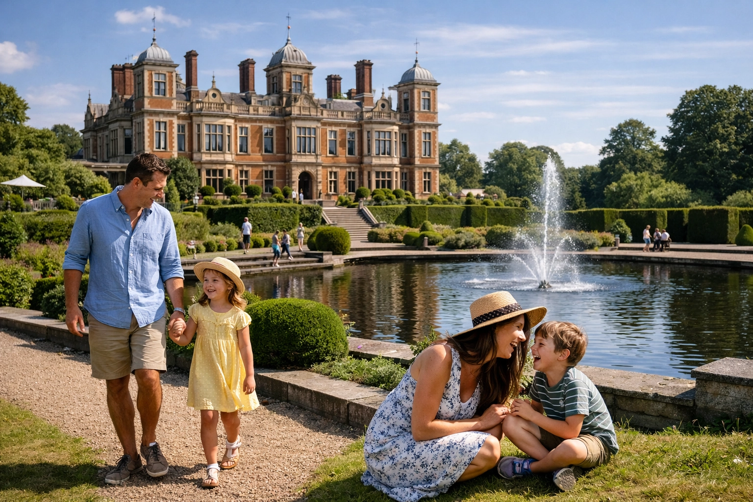 Family enjoying a summer day at a grand British country estate