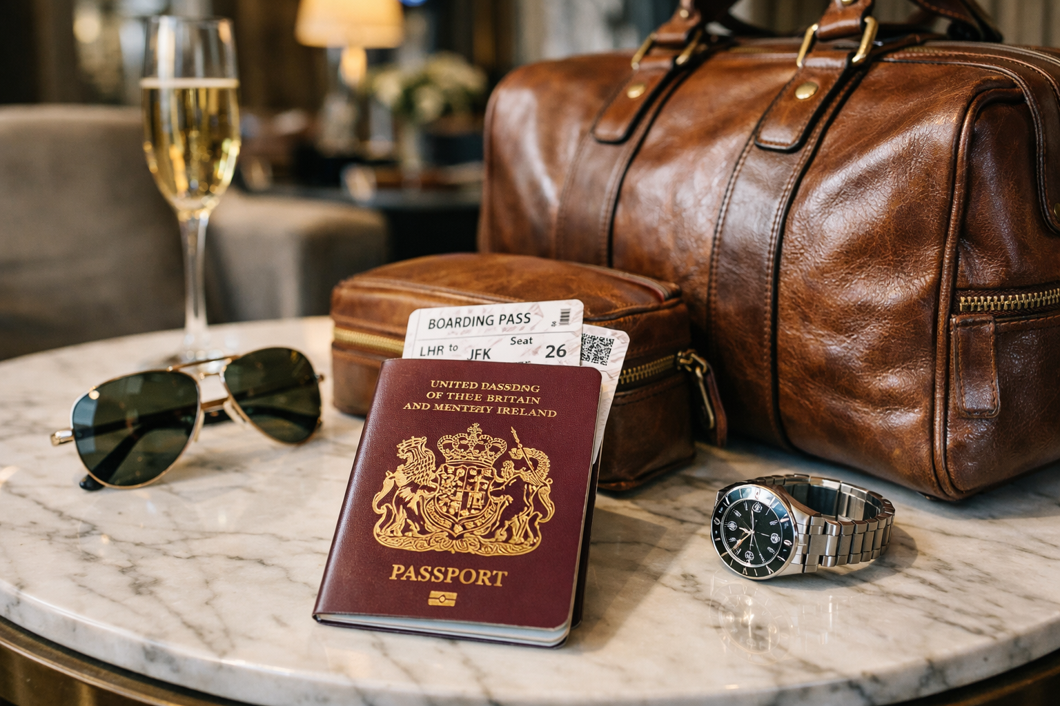 Premium travel planning scene with passport, tickets and luggage
