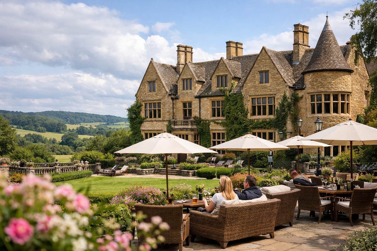 Elegant British country-house weekend setting with gardens