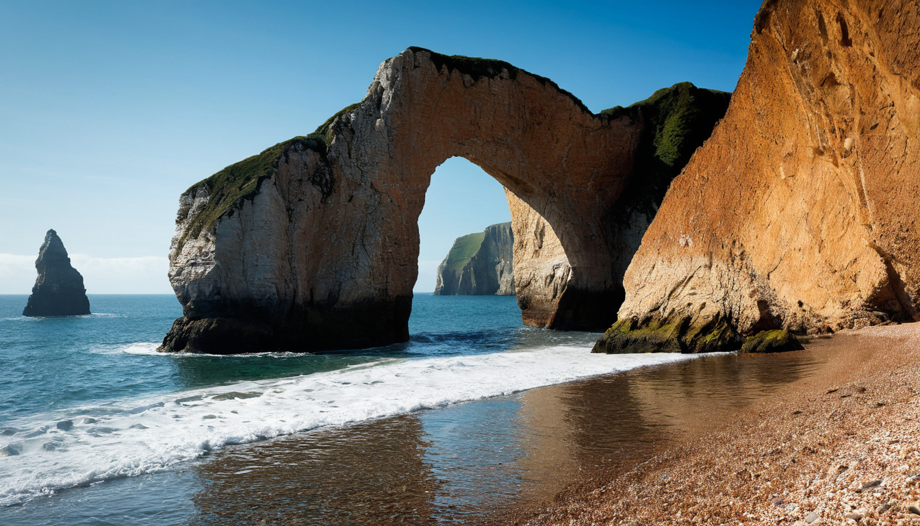 Rock arch and sea cliffs on the Jurassic Coast in southern England