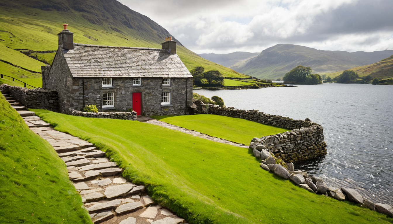 Stone cottage by a lake in the Lake District, England, with green hills and soft daylight