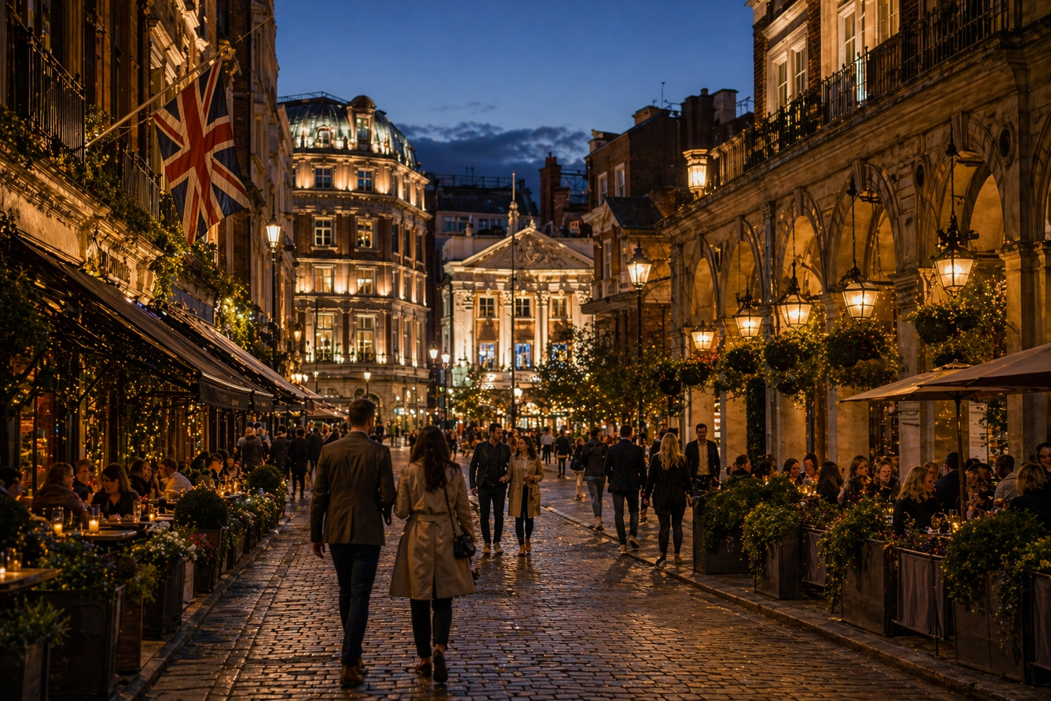 Polished central London evening setting suited to theatre, dining, and late city plans