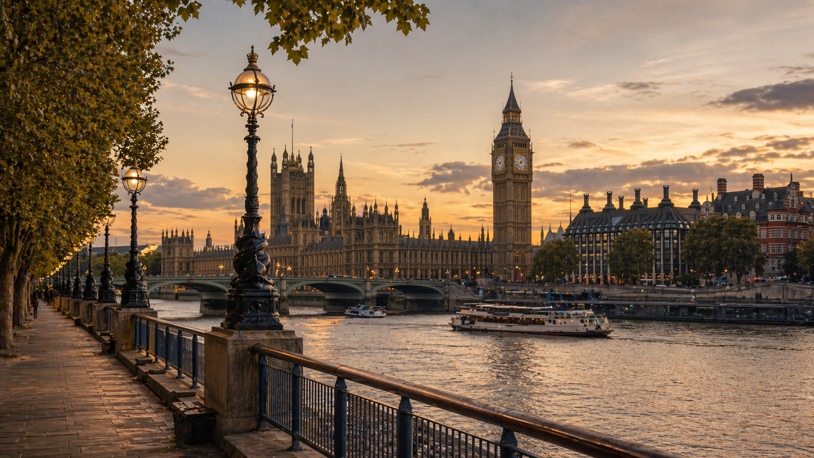 The Palace of Westminster and Big Ben from the riverside in warm evening light