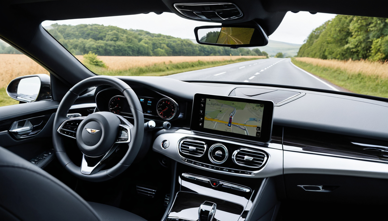 Modern car interior with navigation setup on a quiet countryside road