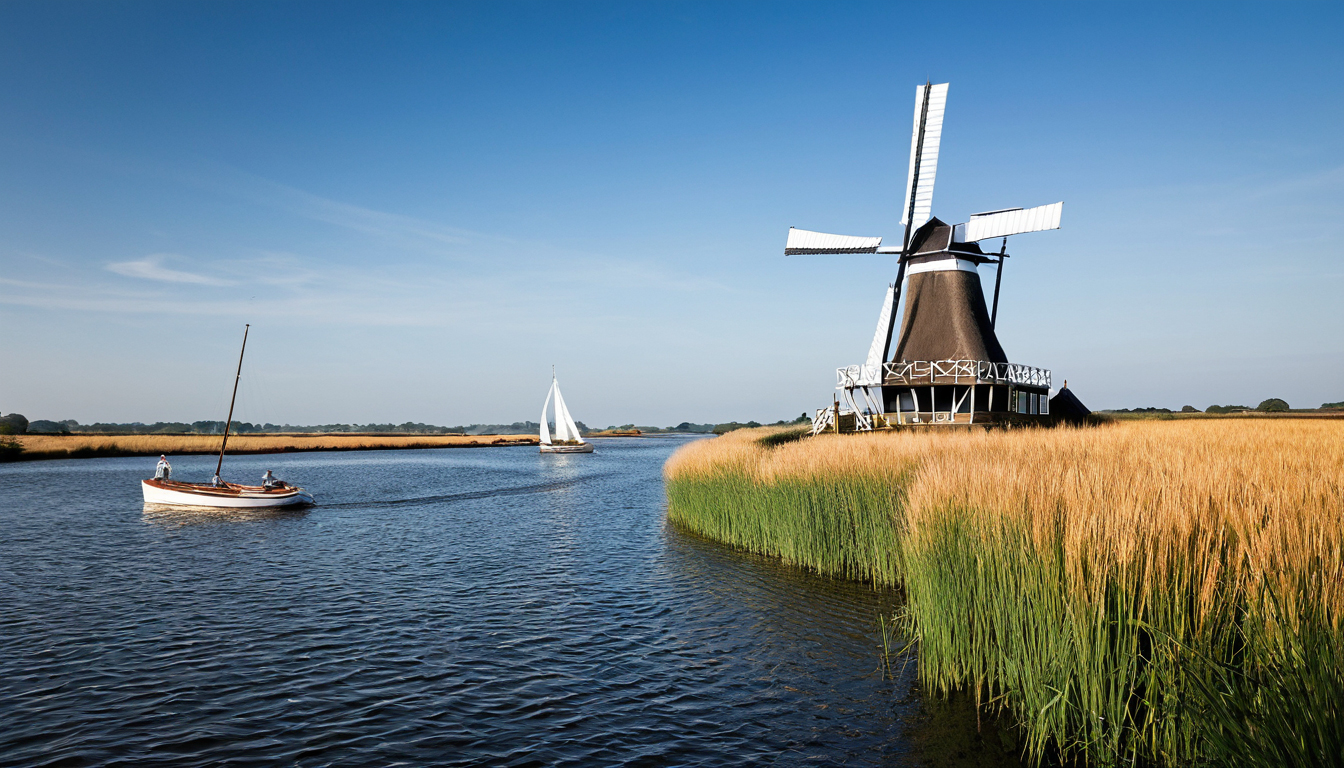 Norfolk Broads waterway with reeds, sailing boats, and a traditional windmill