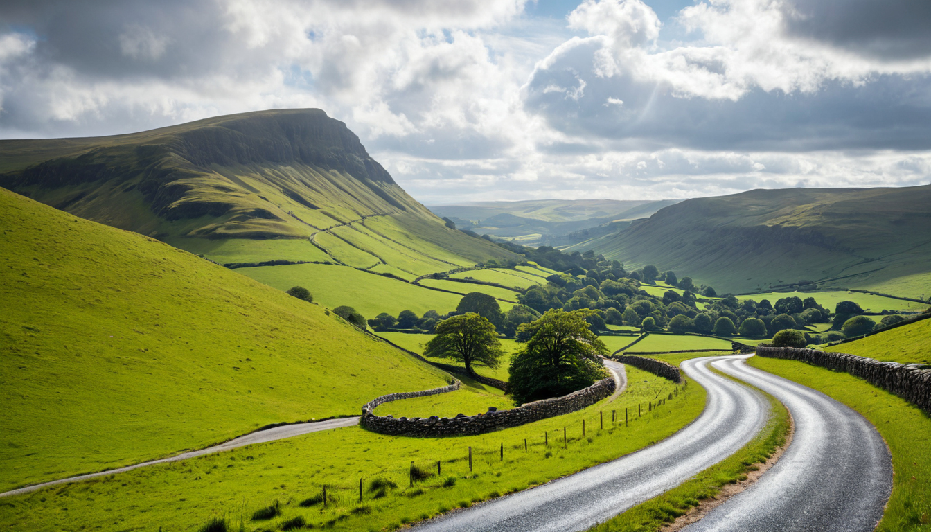 Curving country road through green Peak District valley and rolling hills