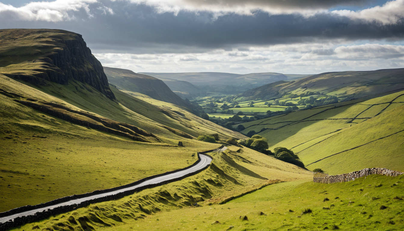 Peak District road through open upland scenery and broad valley light