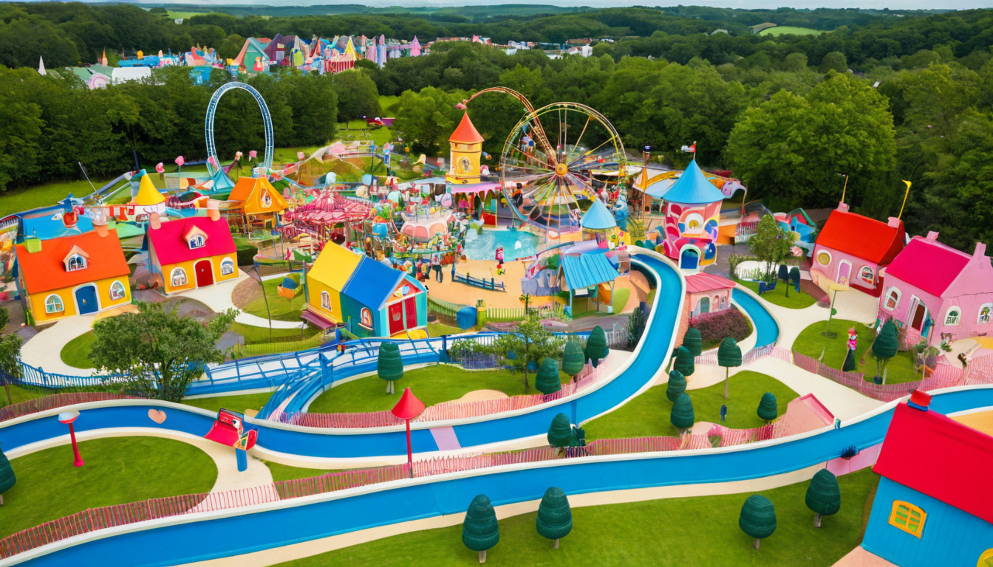 Colourful family theme-park area with playful houses and gentle rides in England