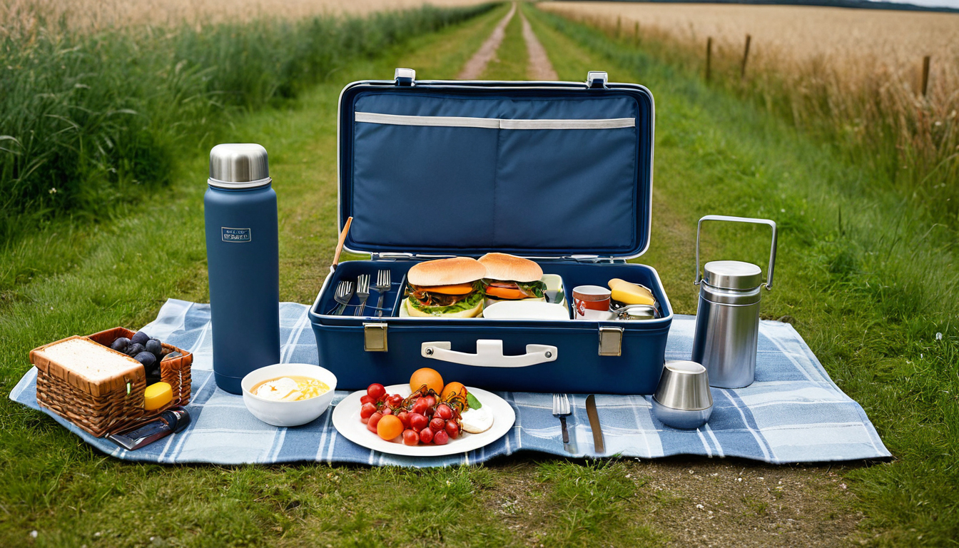 Neat picnic setup with food container, flask, and blanket in open countryside